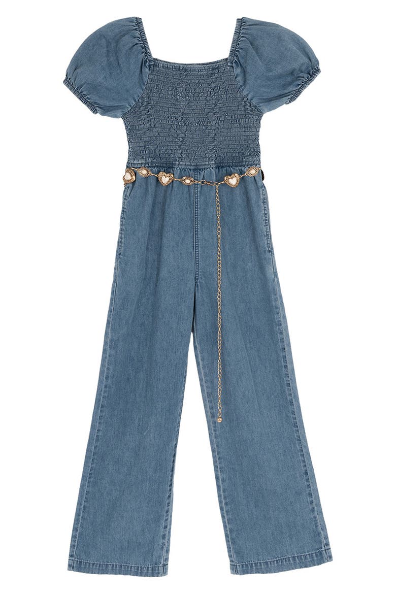 Kids' Denim Puff Sleeve Smocked Jumpsuit, Alternate, color, BLUE