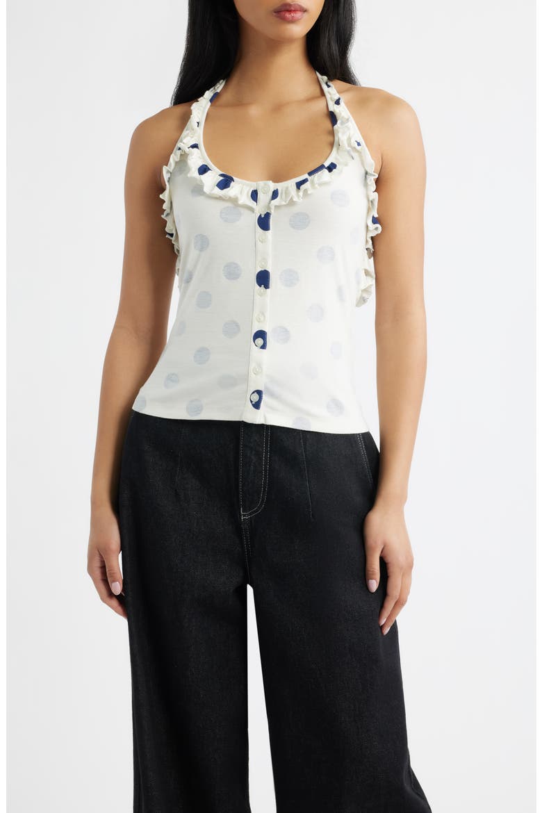 Zazie Ruffle Polka Dot Organic Cotton Halter Top, Main, color, WHITE