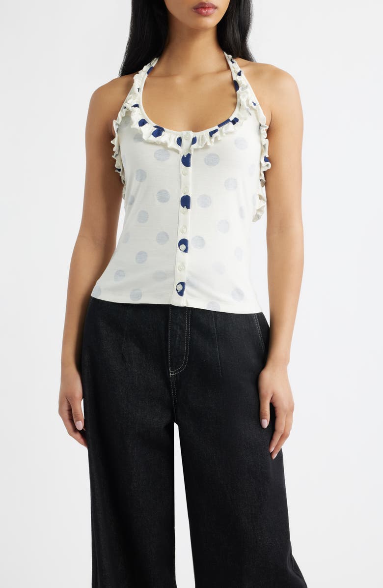 Damson Madder Zazie Ruffle Polka Dot Organic Cotton Halter Top, Main, color, White