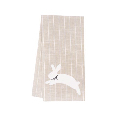 White Easter Bunny Rabbit Silhouette Hop Striped Kitchen Dishtowel