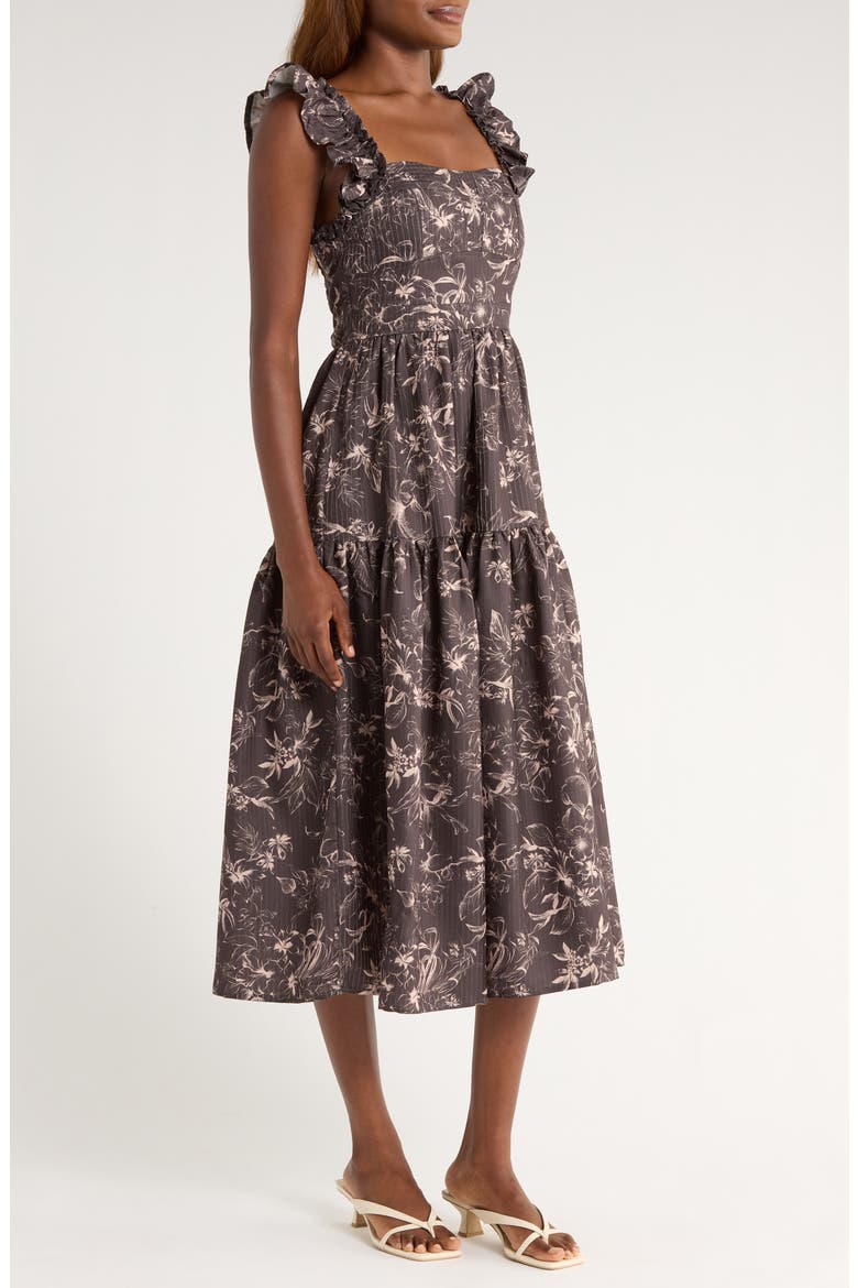 Print Flutter Strap Midi Dress, Alternate, color, BROWN