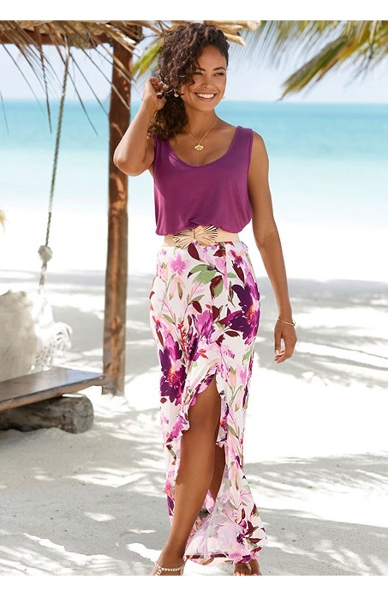 LASCANA Women's Ruffled Maxi Skirt, Alternate, color, White Printed