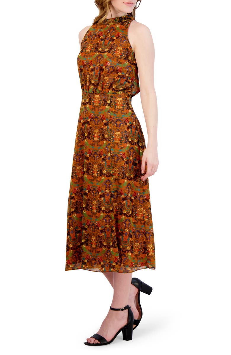 Julia Jordan Mock Neck Sleeveless Midi Dress, Alternate, color, Mustard Multi
