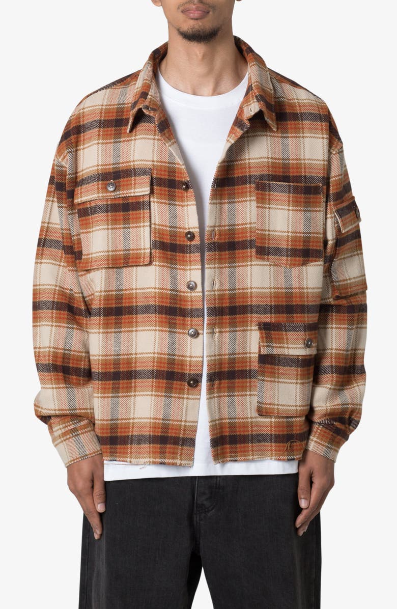 mnml Asymmetric Pocket Flannel Button-Up Shirt, Main, color, Brown