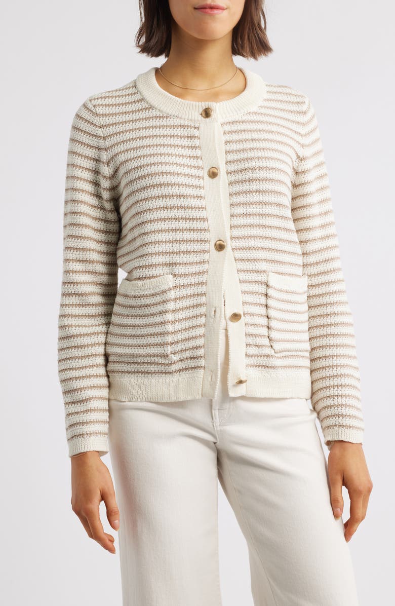 beachlunchlounge Piera Stripe Cardigan, Main, color, Khaki/Ivory