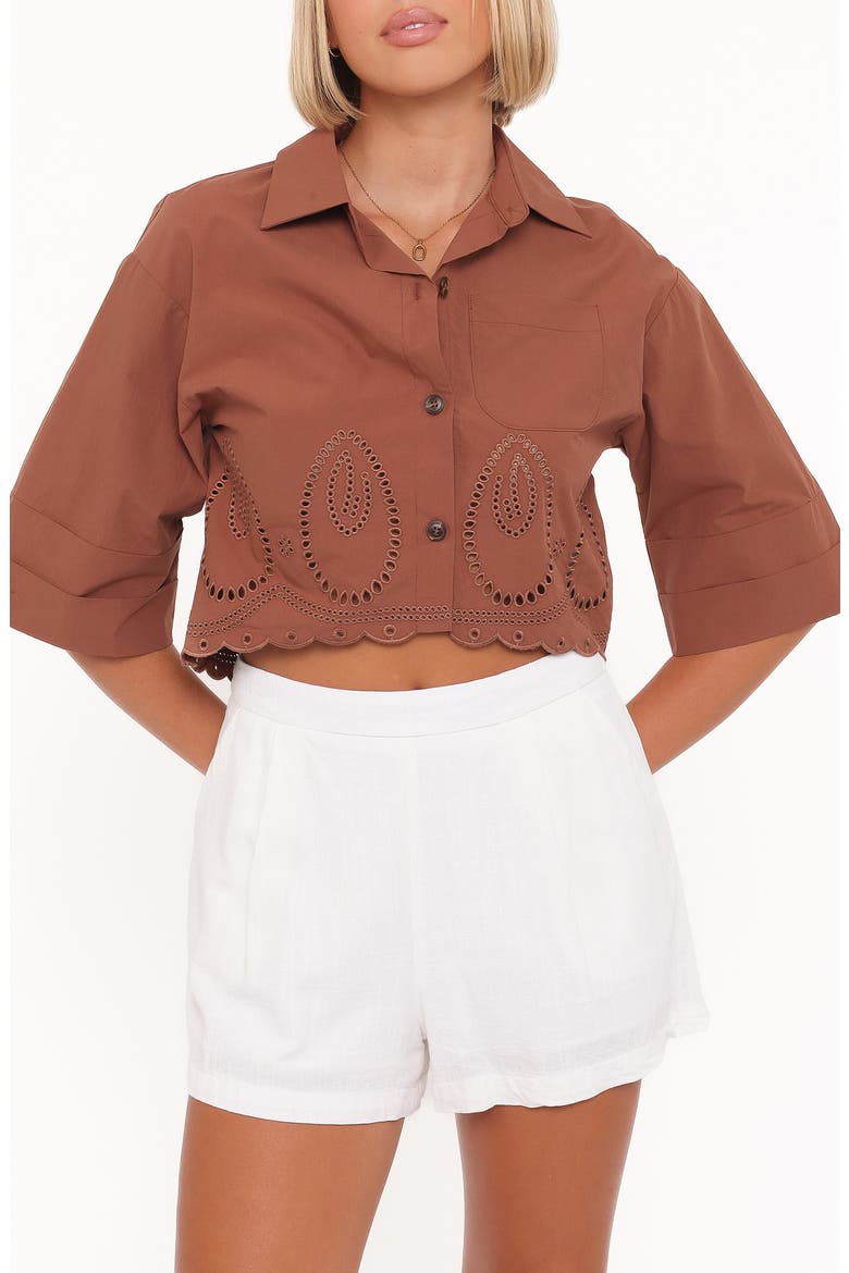 Williams Eyelet Scalloped Hem Crop Button-Up Shirt, Main, color, BROWN