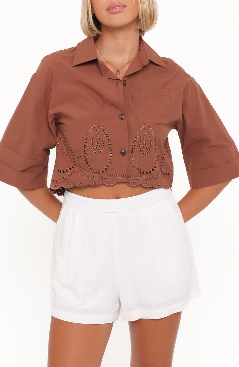 Petal & Pup Williams Eyelet Scalloped Hem Crop Button-Up Shirt, Main, color, Brown