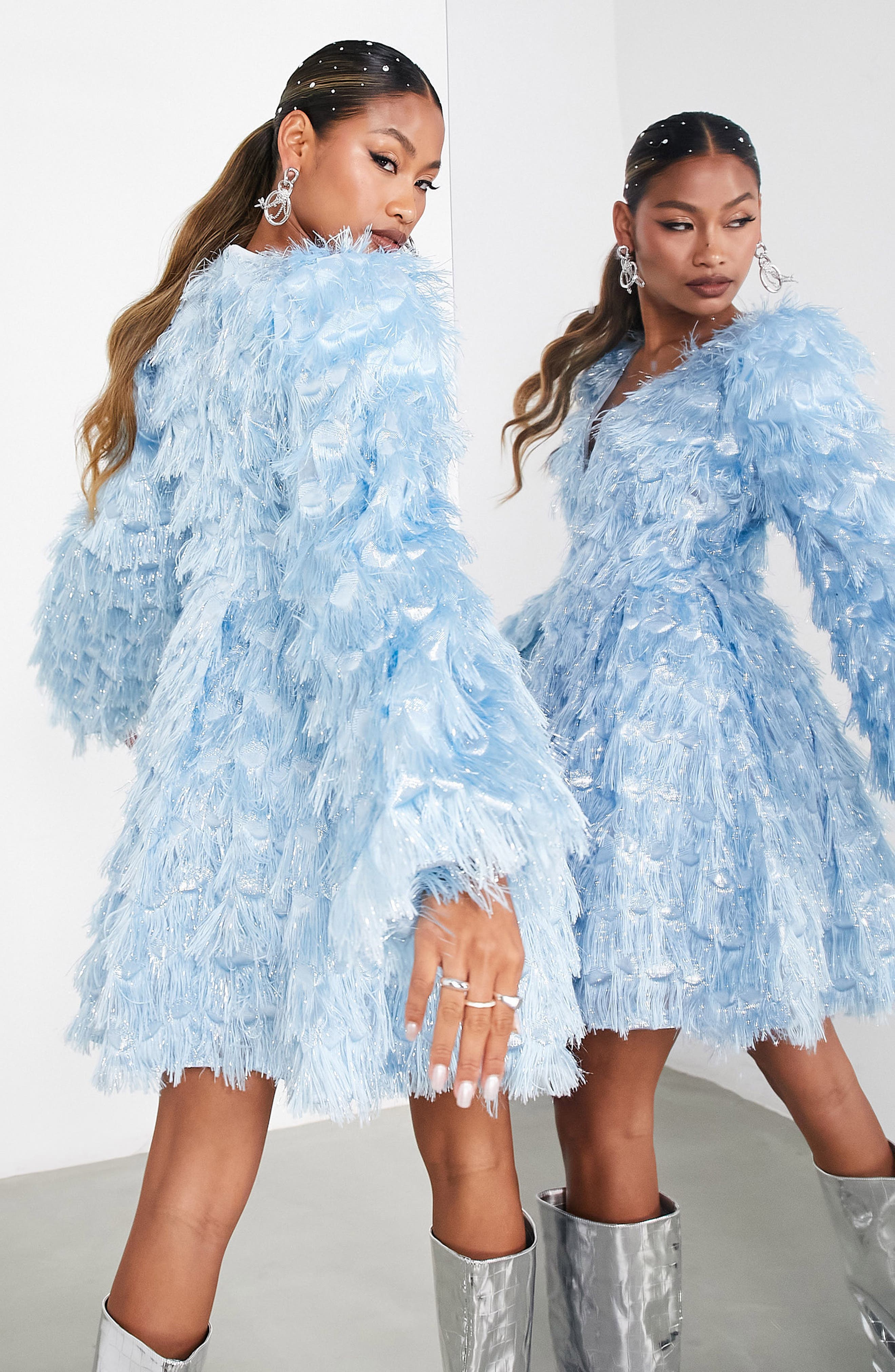 ASOS DESIGN Fringe Jacquard Metallic Long Sleeve Minidress (Women ...