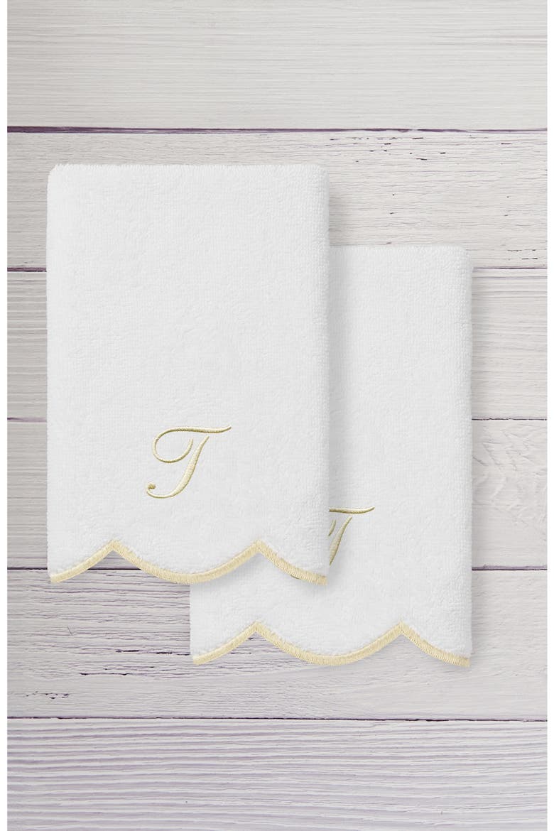 Adornia Scalloped Set of 2 Initial Washcloths, Alternate, color, WHITE/ BEIGE T