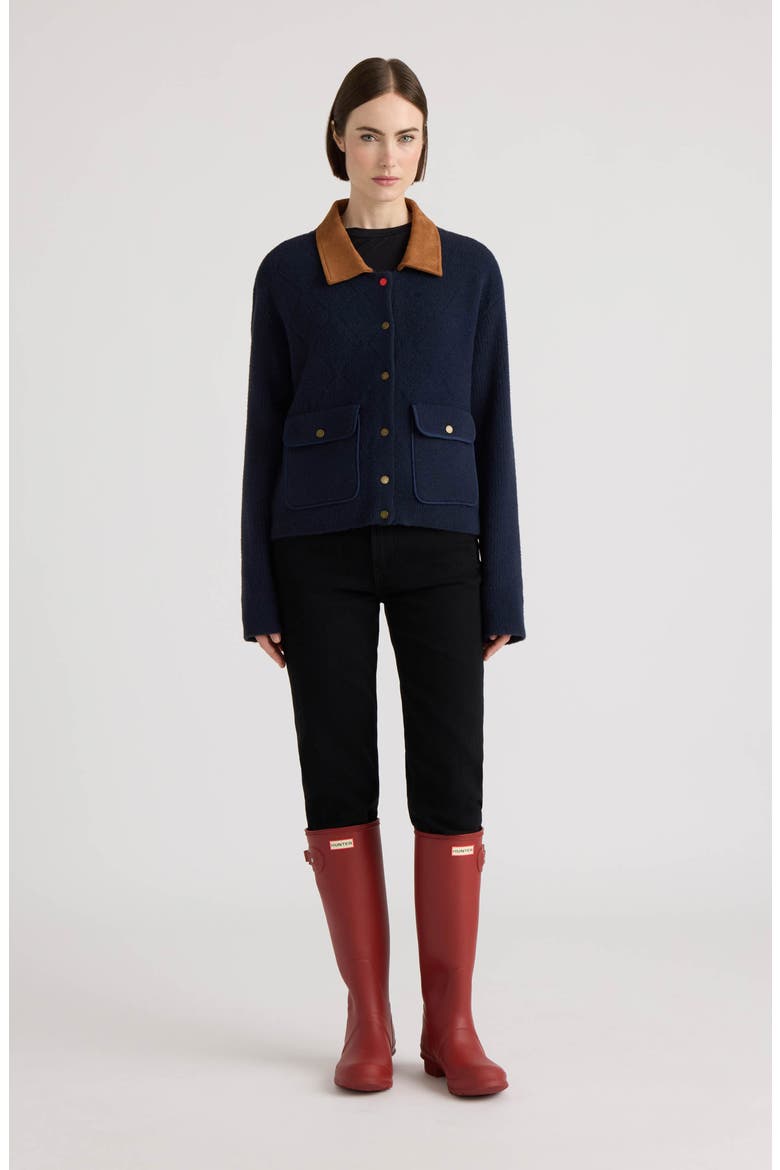 Quilted Stitch Sweater Jacket with Faux Suede Collar, Alternate, color, DARK NAVY