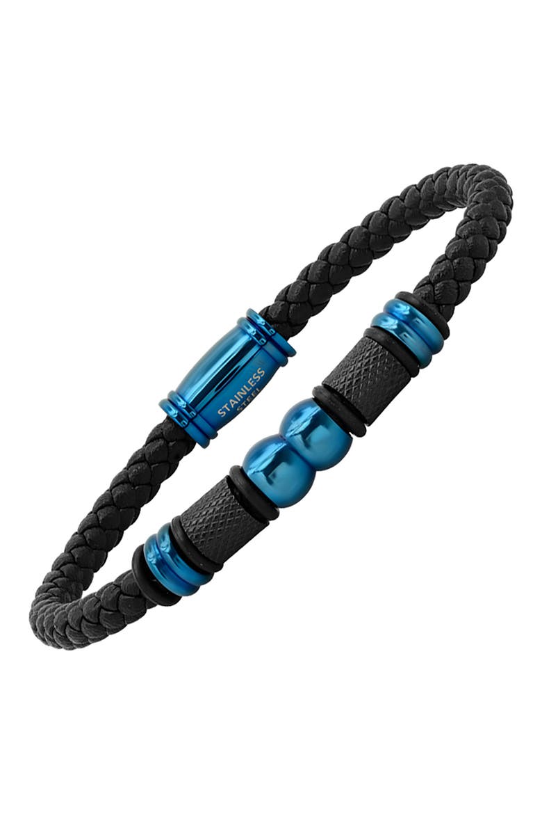 Men's Stainless Steel & Black Braided Leather Bracelet, Alternate, color, BLACK-BLUE