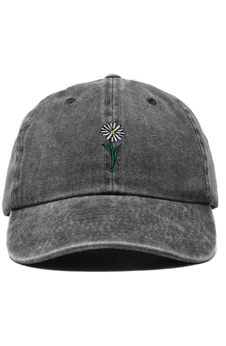 Dalix Daisy Embroidered Everyday Hat, Main, color, Washed Black