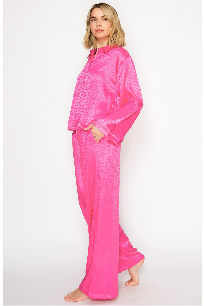 Silky Jacquard Satin Long Sleeve & wide Leg Pajama set, Alternate, color, Raspberry