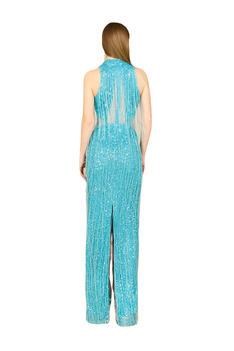 Carrie Fringe Beaded Dress, Alternate, color, Aqua