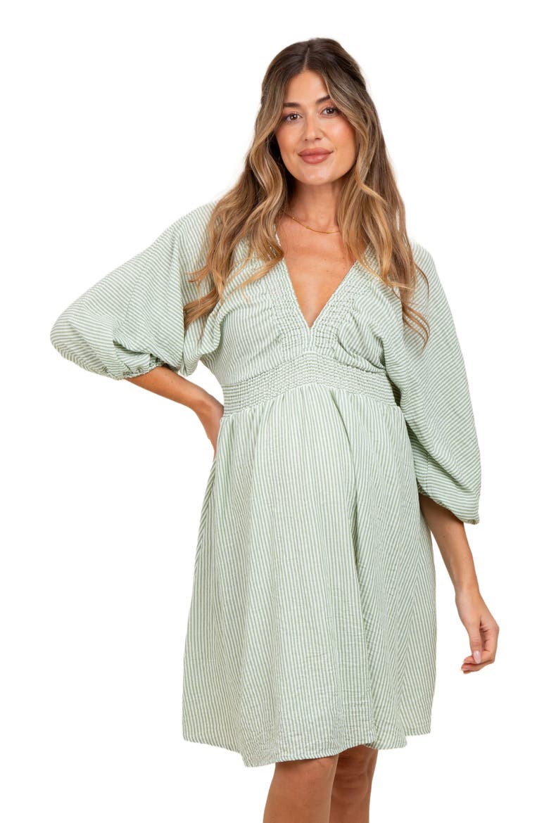 Striped Balloon Sleeve V-Neck Dress, Alternate, color, Light Olive