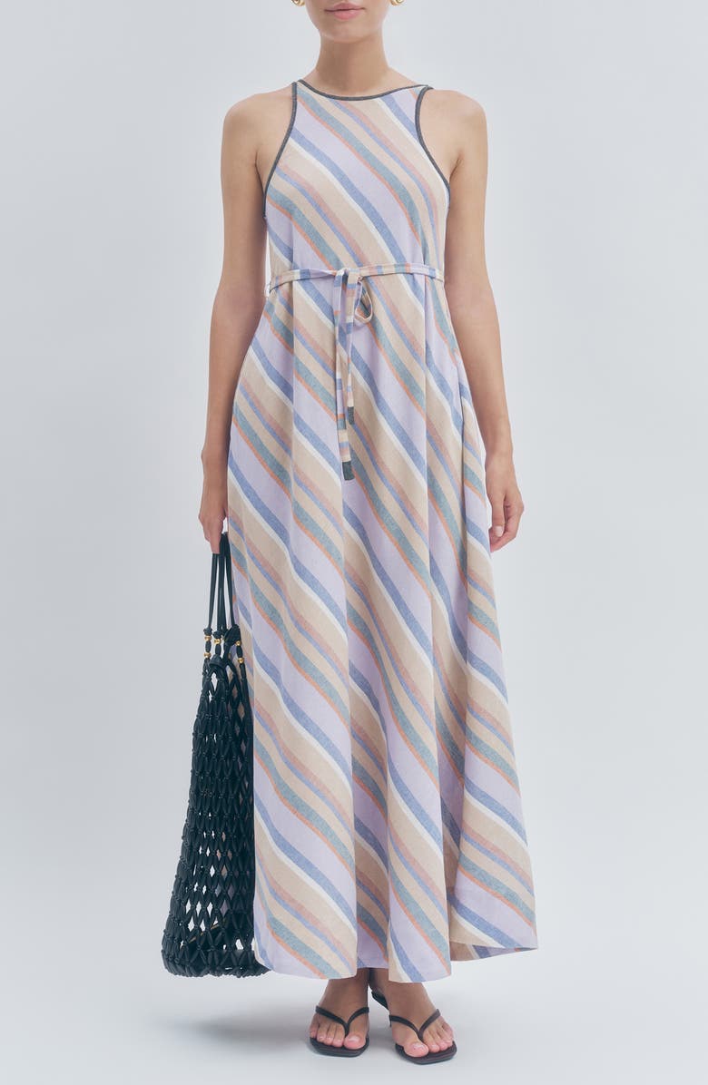 MAUDE CLUB Margie Diagonal Stripe Cotton & Linen Maxi Dress, Alternate, color, Lavender Stripe