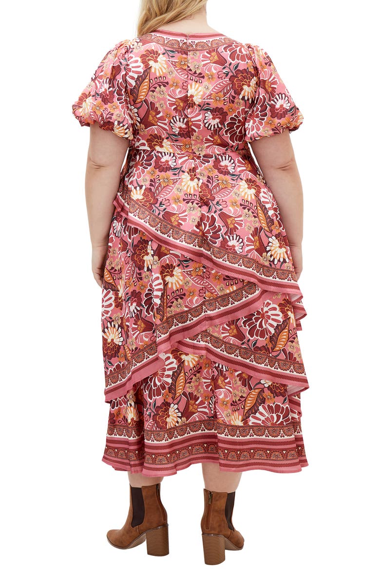 Thea Floral Tiered Puff Sleeve Midi Dress, Alternate, color, ROSE FLORAL
