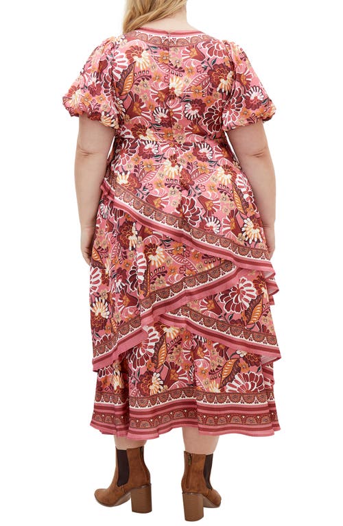 City Chic Thea Floral Tiered Puff Sleeve Midi Dress In Brown