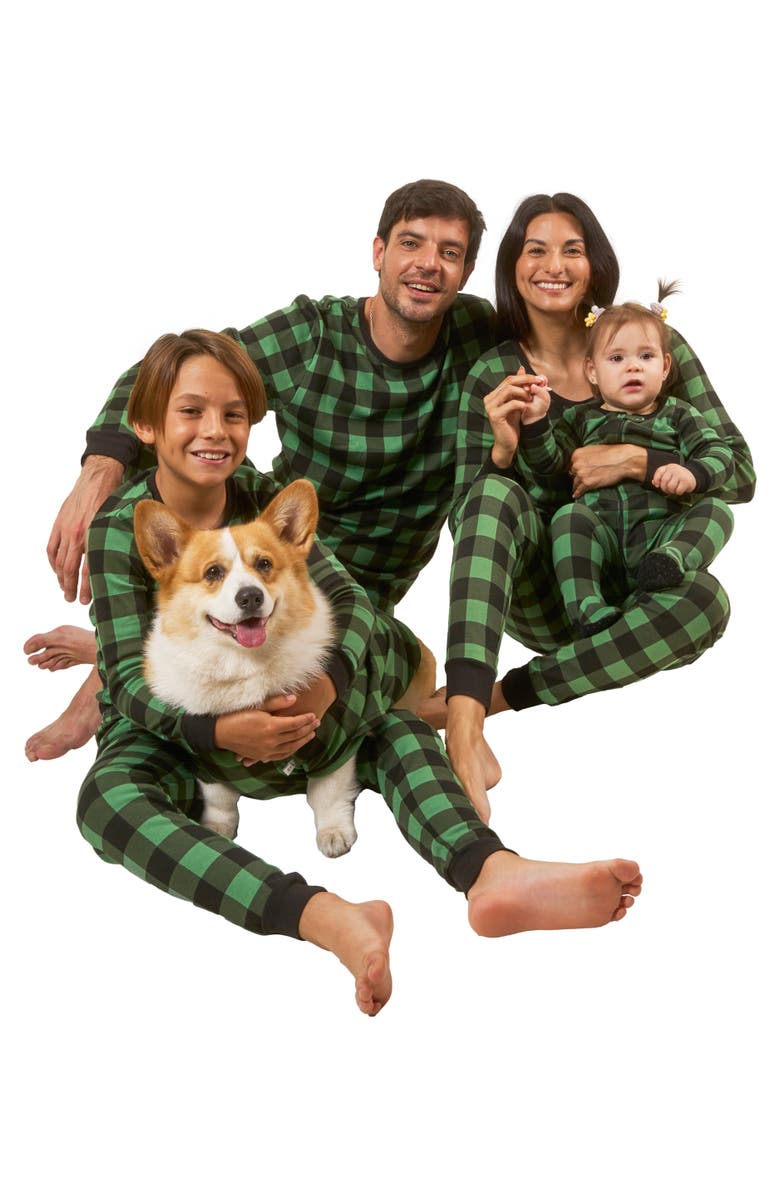 Leveret Kids Footed Plaid Cotton Matching Family Holiday Pajamas, Alternate, color, Plaid Black & Green