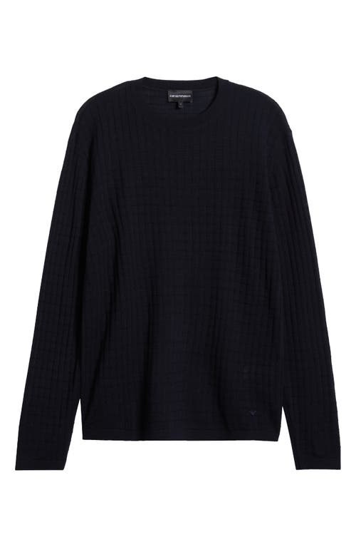 Emporio Armani Tonal Textured Virgin Wool Crewneck Sweater In Solid Blue Navy