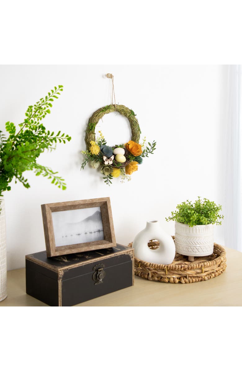 Northlight 12" Easter Egg and Bird Nest Wreath with Wooden Flowers, Alternate, color, Green