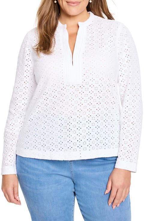 Embroidered Eyelet Split Neck Knit Top (Plus)