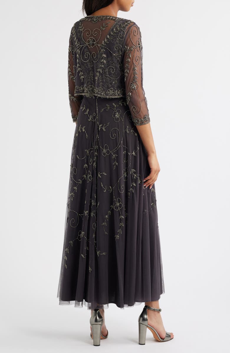 Pisarro Nights Beaded Mesh Gown with Jacket, Alternate, color, Grey