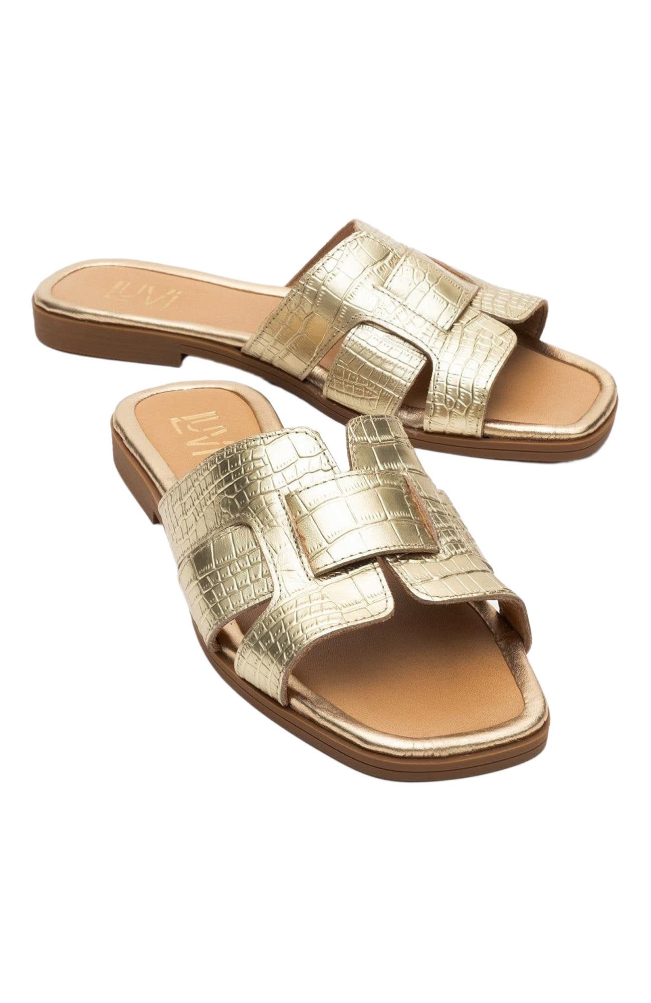 Forever & Always Shoes Notre Leather Slide Sandal, Alternate, color, Gold Leather