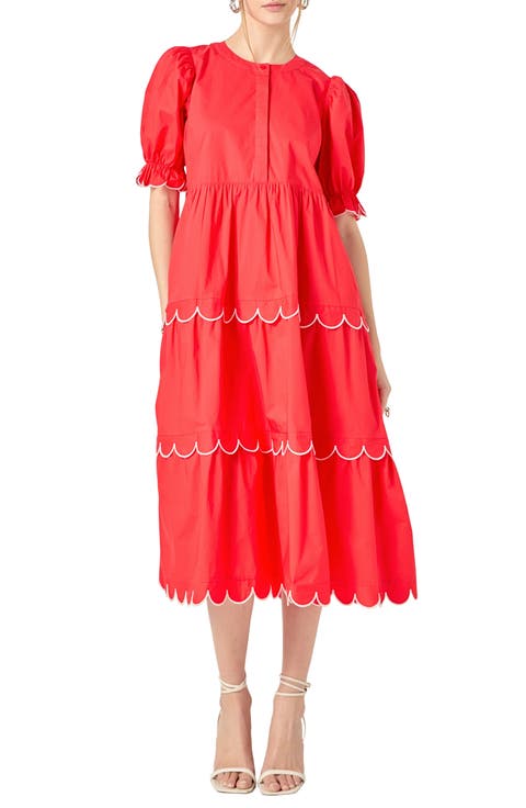 Contrast Scalloped Trim Cotton Midi Dress
