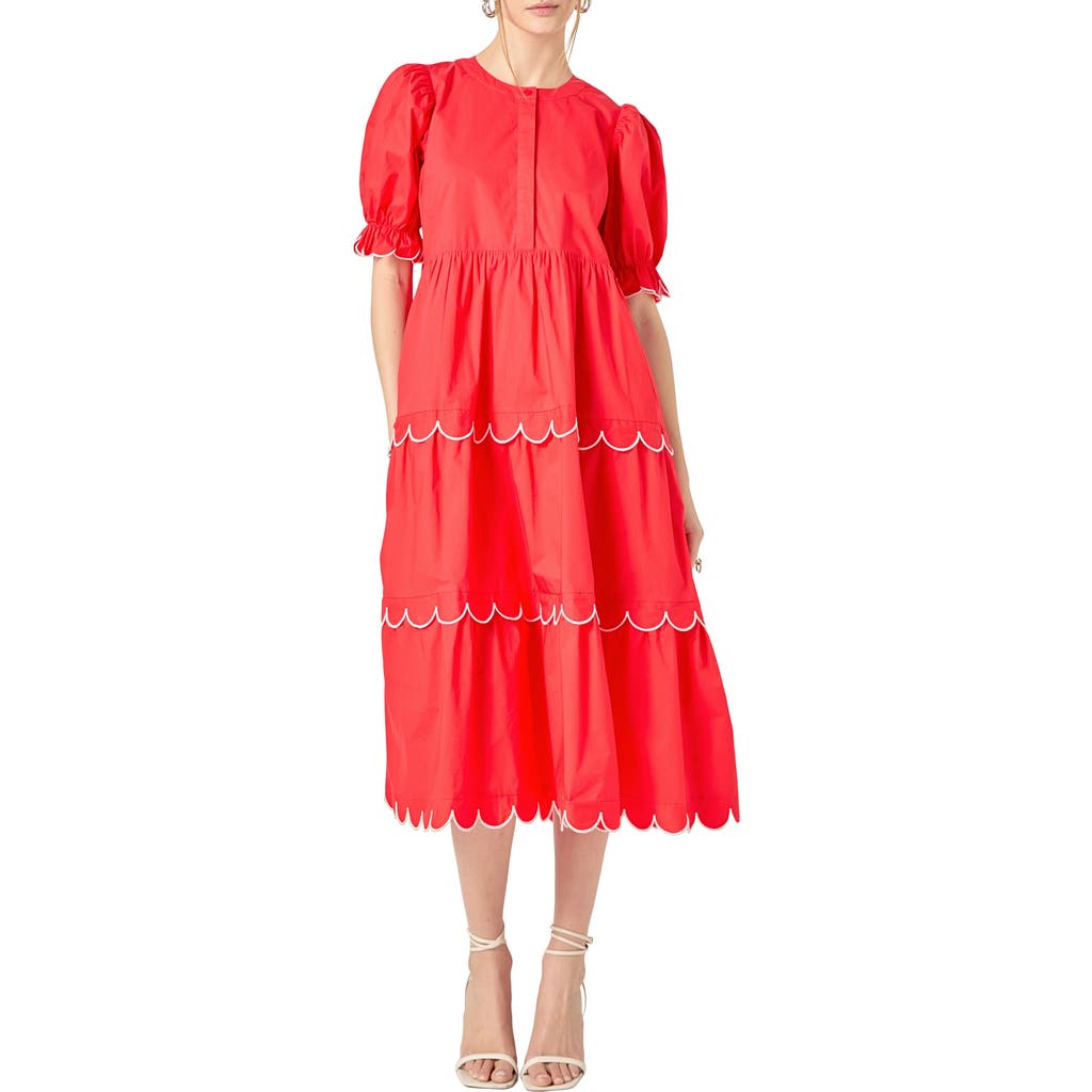 ENGLISH FACTORY ENGLISH FACTORY CONTRAST SCALLOPED TRIM COTTON MIDI DRESS