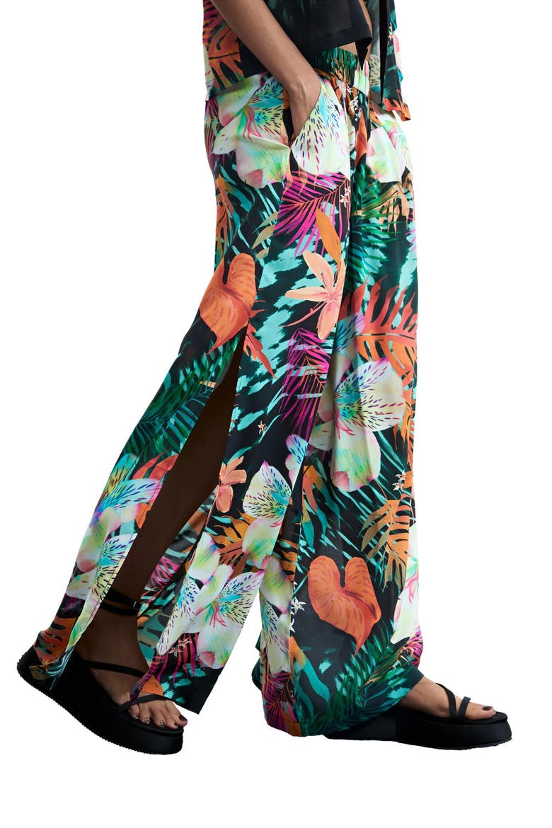 Tropical Print Wide Leg Trousers, Alternate, color, BLACK