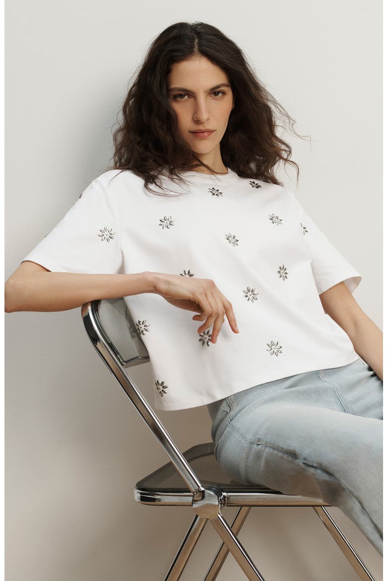 Sebastian Floral Embellished Stretch Cotton T-Shirt, Alternate, color, WHITE