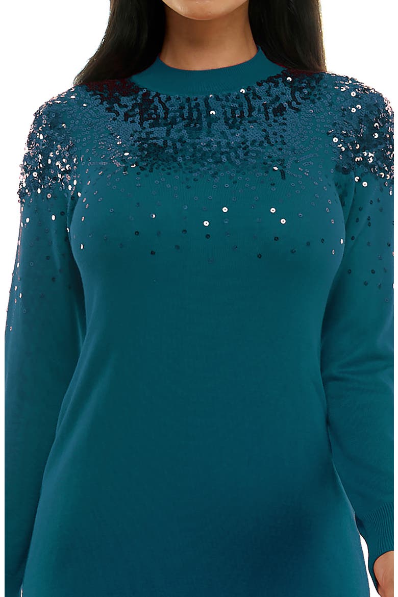 Sequin Embellished Long Sleeve Sweater Dress, Alternate, color, TEAL