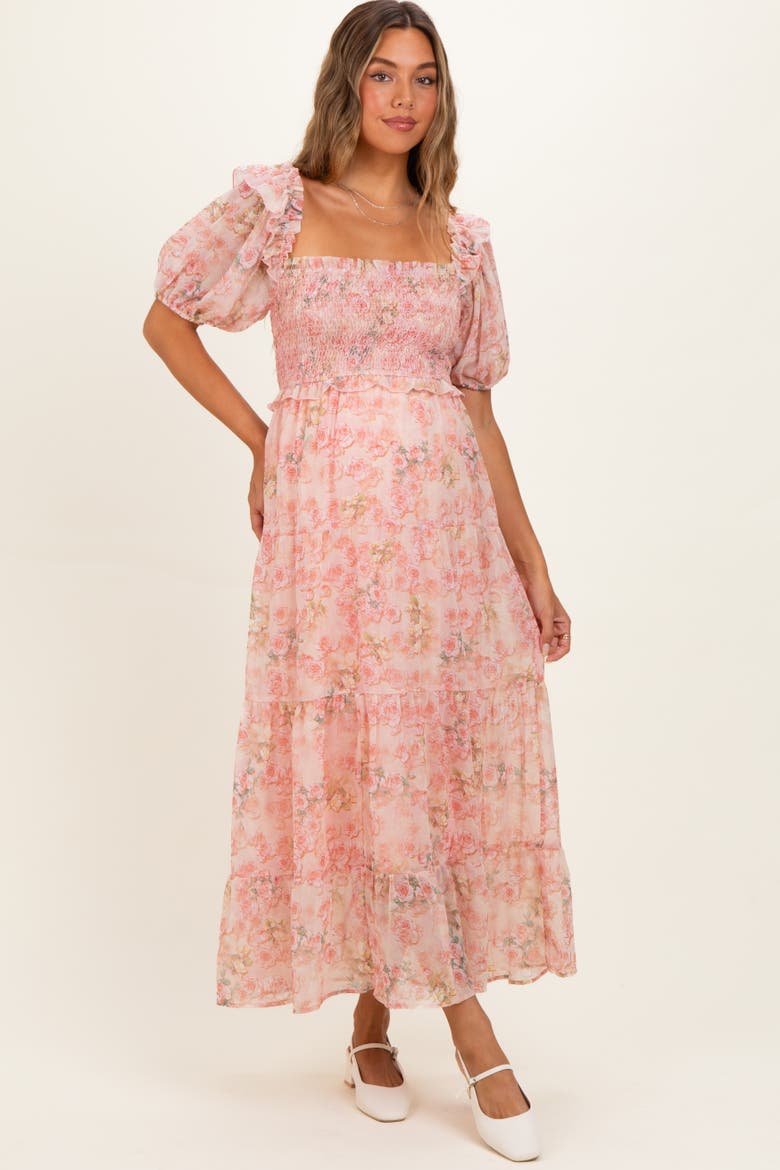 Floral Chiffon Smocked Maxi Dress, Alternate, color, Pink