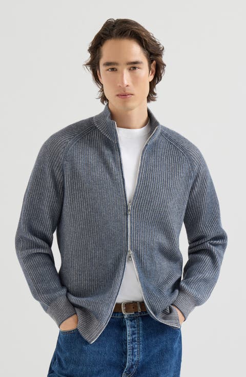 Cashmere vanisé English rib high-neck cardigan with zipper