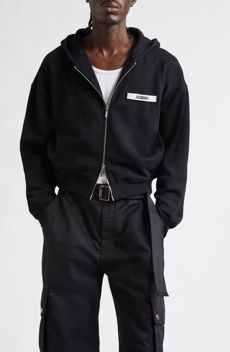 Jacquemus Le Hoodie Grosgrain Logo Cotton Fleece Zip Hoodie, Main, color, 