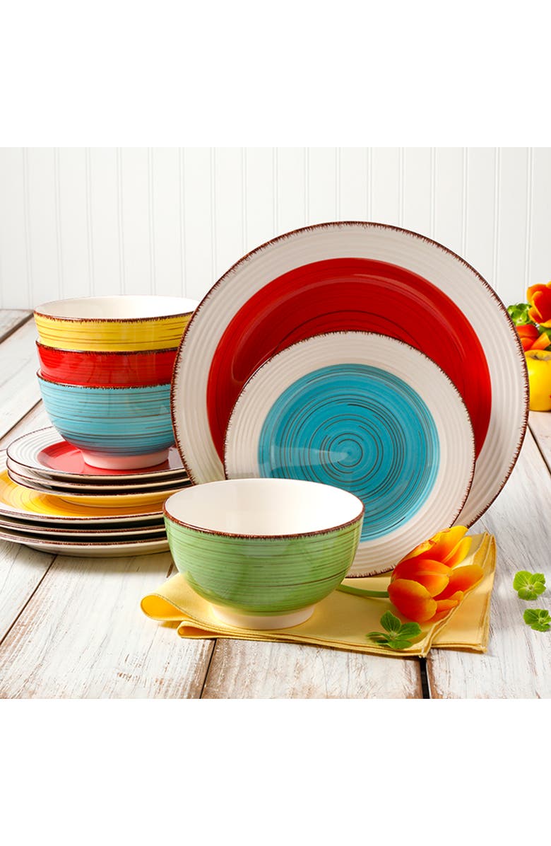 Gibson Home Confetti Band 12 piece Mix and Match Ceramic Dinnerware Set, Alternate, color, Assorted