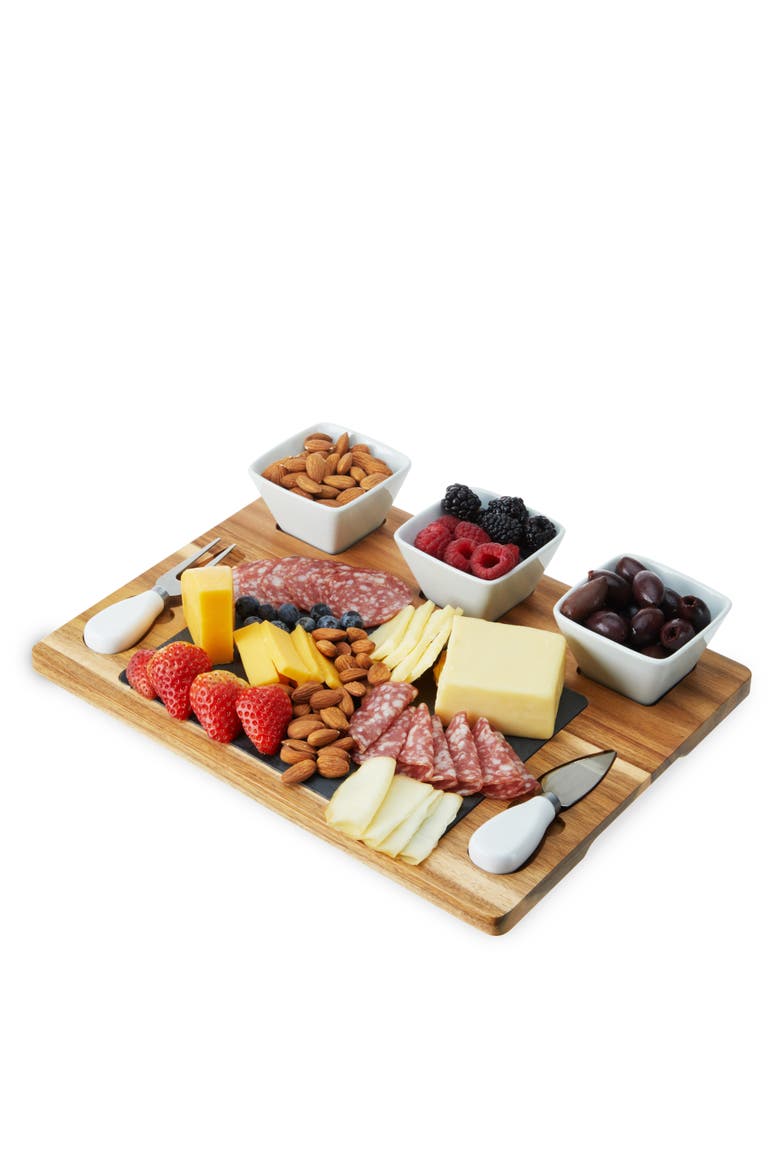 Acacia Wood & Slate Cheese Board Set with Ceramic Bowls, Main, color, Brown