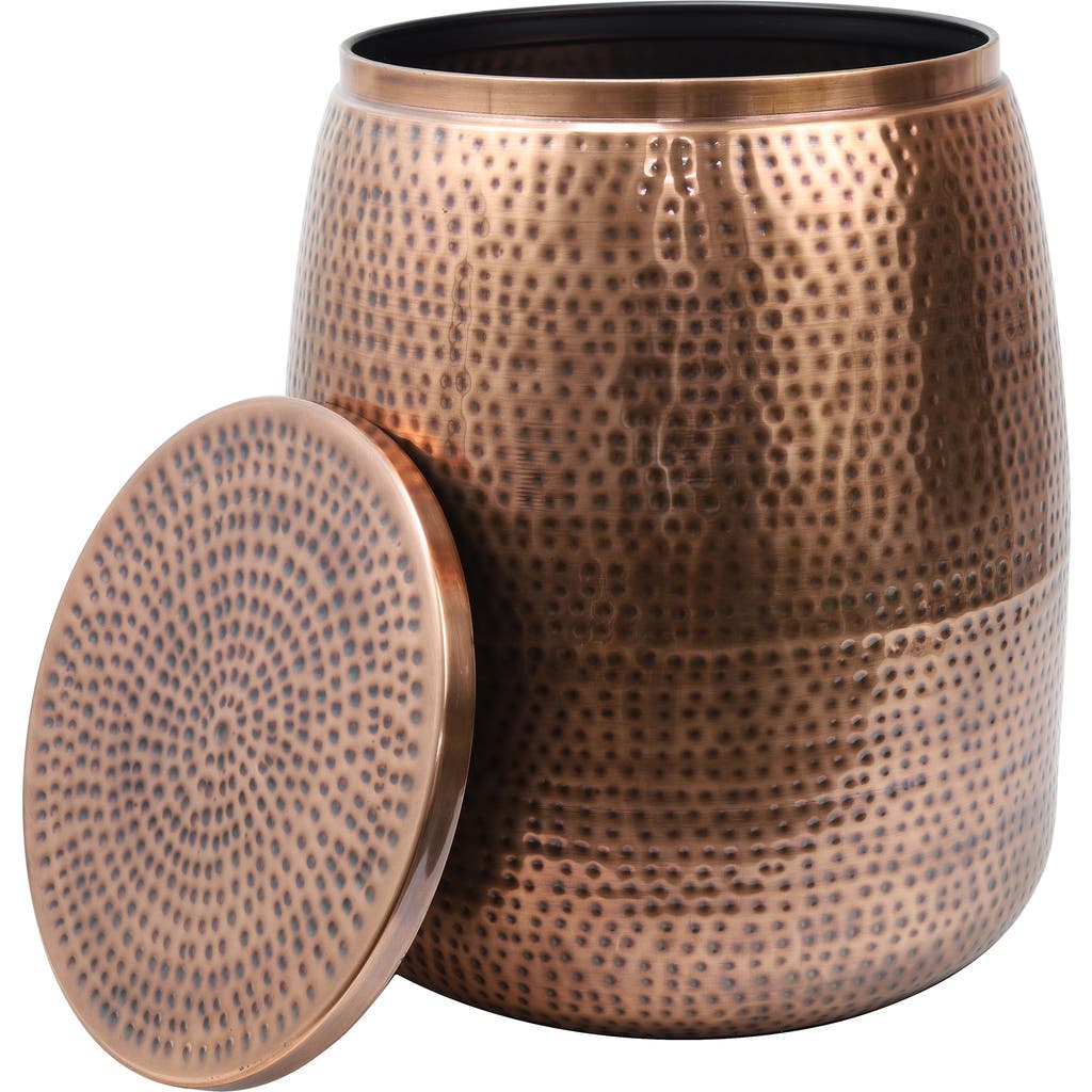 Happimess Merida Modern Rustic Hammered Metal Drum Storage Side Table With Lid