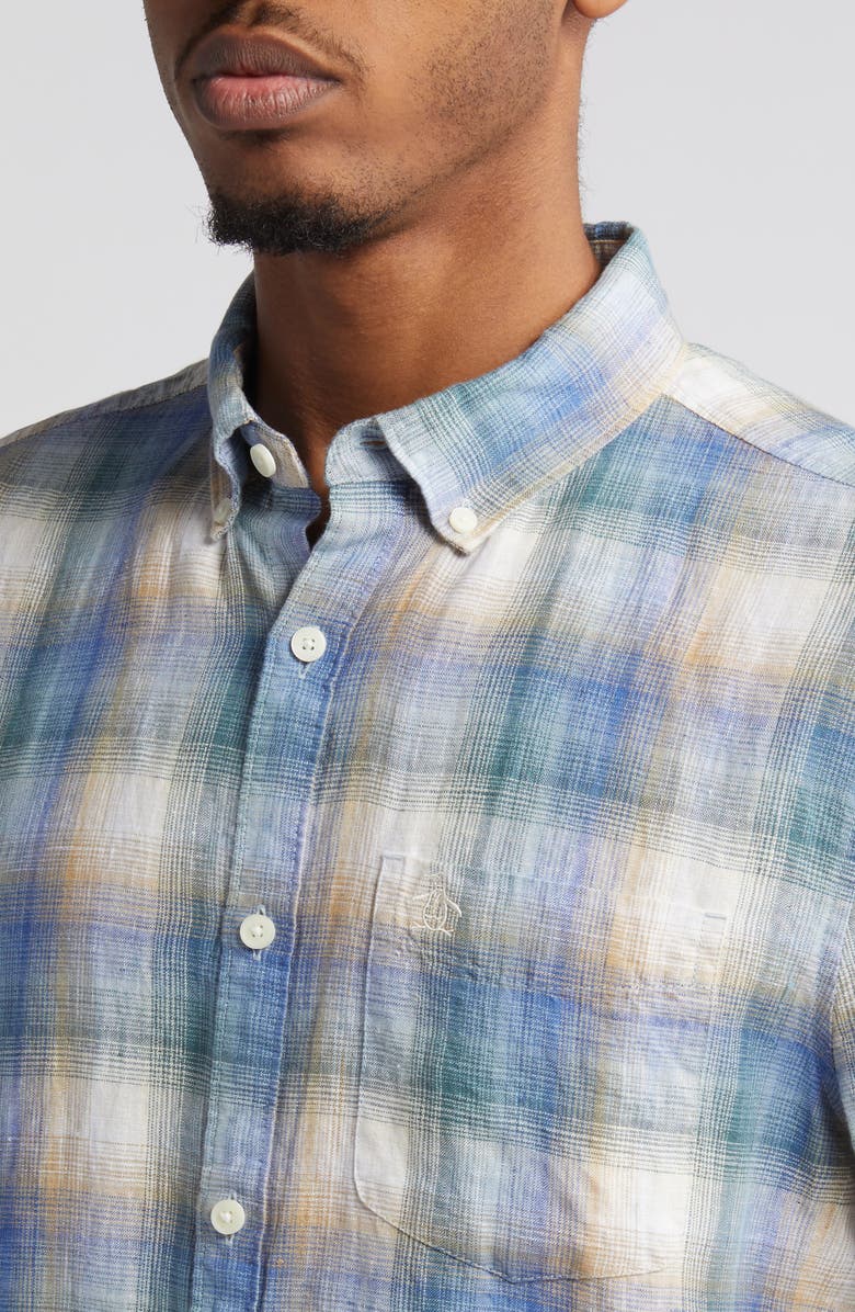 Original Penguin Delave Plaid Short Sleeve Linen Button-Down Shirt, Alternate, color, Tourmaline