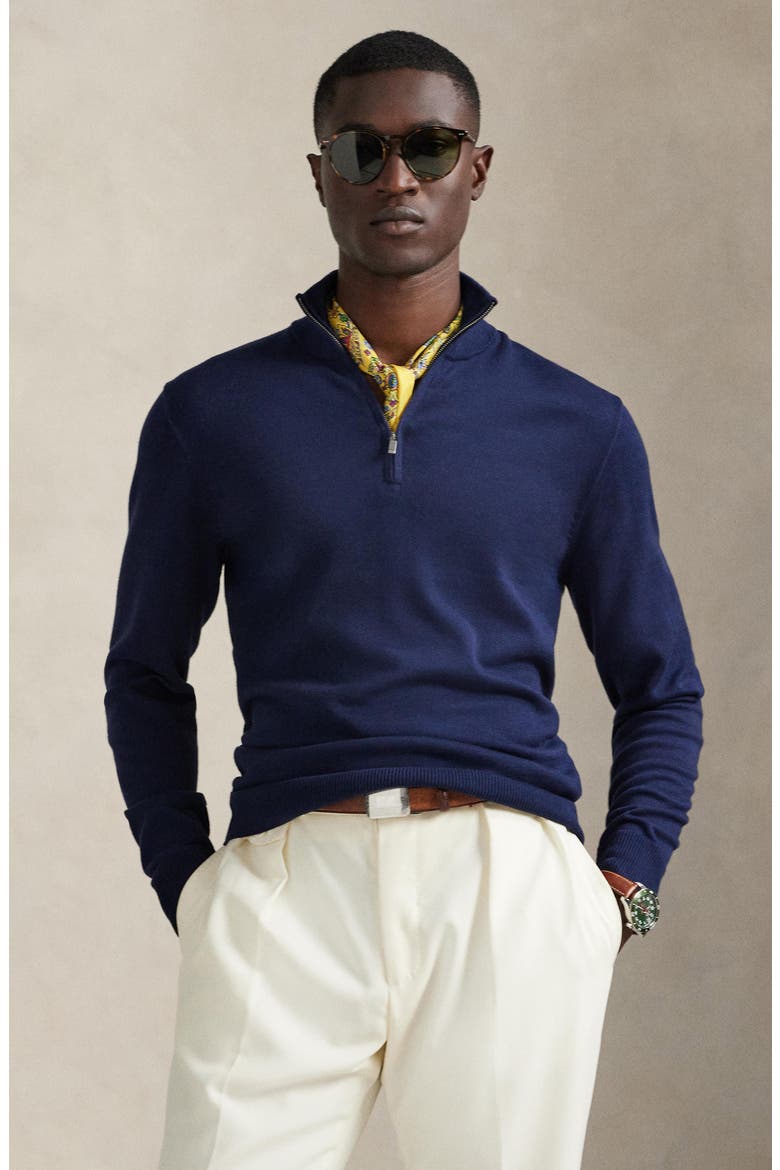 Mock Neck Cotton Quarter Zip Sweater, Alternate, color, BLUE