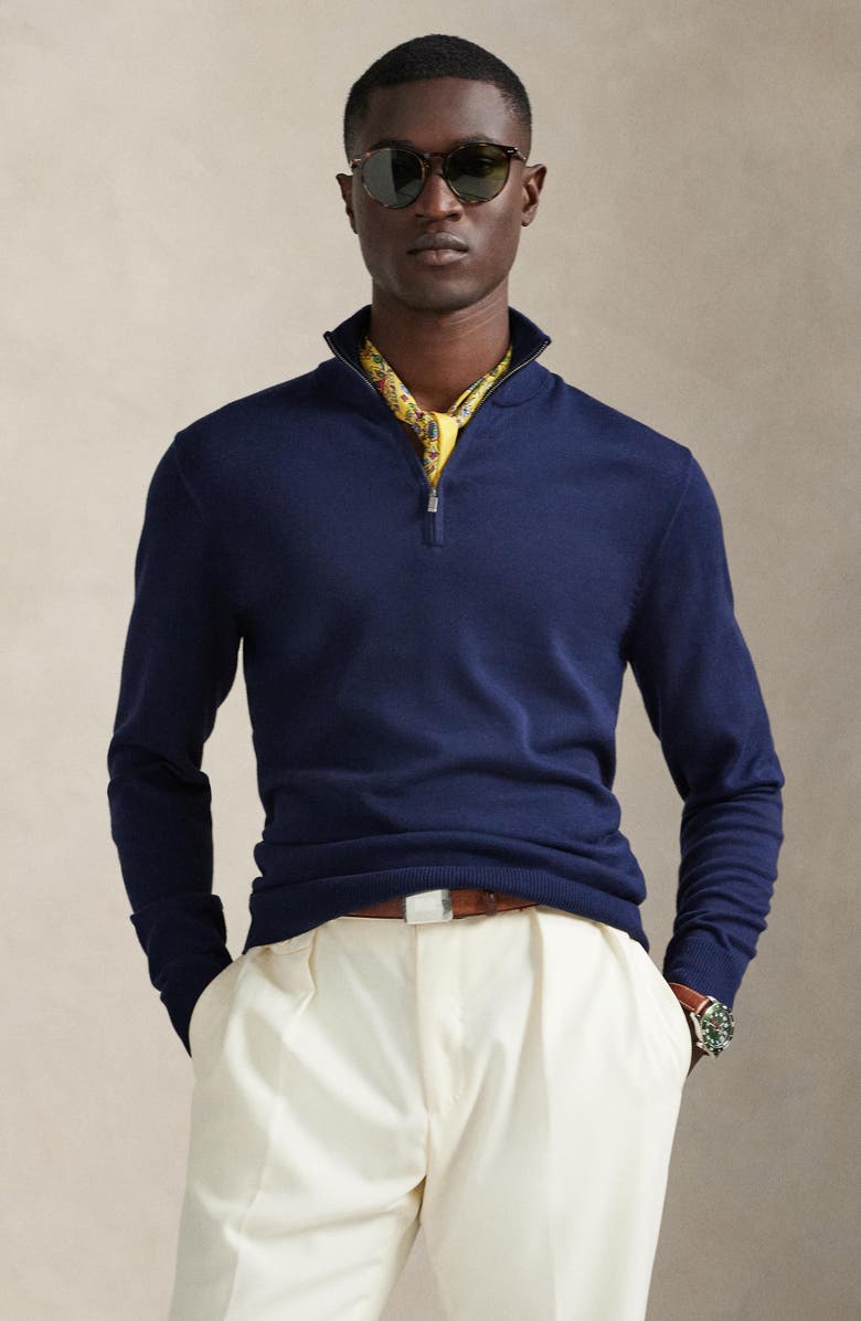 Polo Ralph Lauren Mock Neck Cotton Quarter Zip Sweater, Alternate, color, Blue