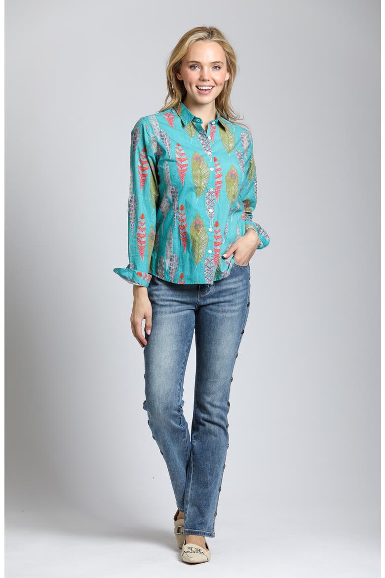 Print Poplin Button-Up Shirt, Alternate, color, TURQUOISE MULTI