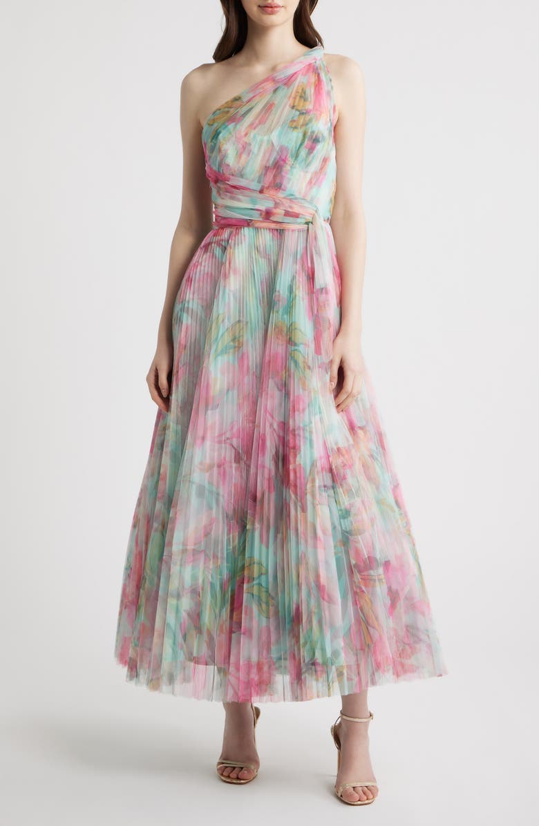 Hutch Philippa One-Shoulder Gown, Main, color, Mint/ Multi Overlay Tropical