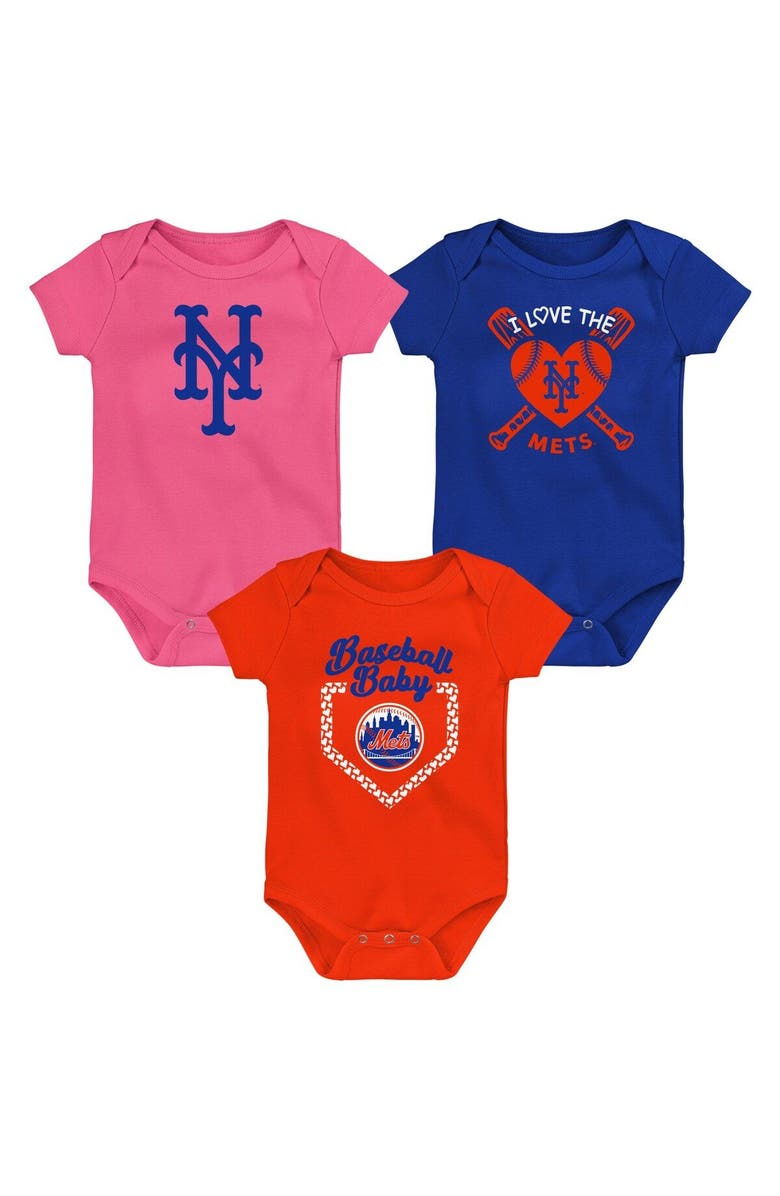 Outerstuff Infant Royal/Orange/Pink New York Mets Baseball Baby 3-Pack Bodysuit Set, Main, color, 