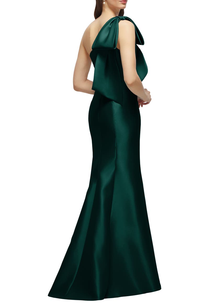 Bow One-Shoulder Satin Twill Mermaid Gown, Alternate, color, EVERGREEN