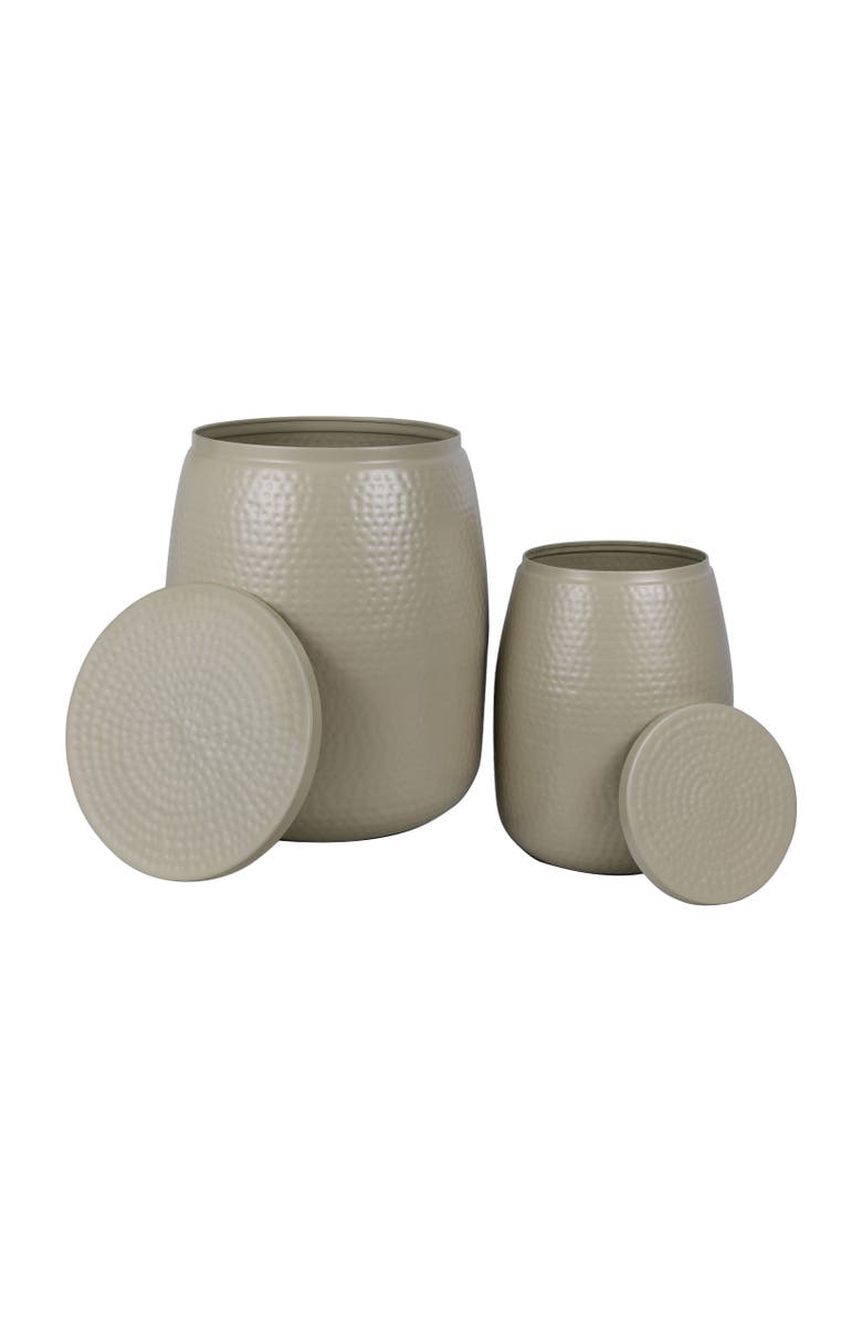 HAPPIMESS Merida Modern Rustic 2-Piece Hammered Metal Drum Storage Side Tables with Lids, Alternate, color, Almond