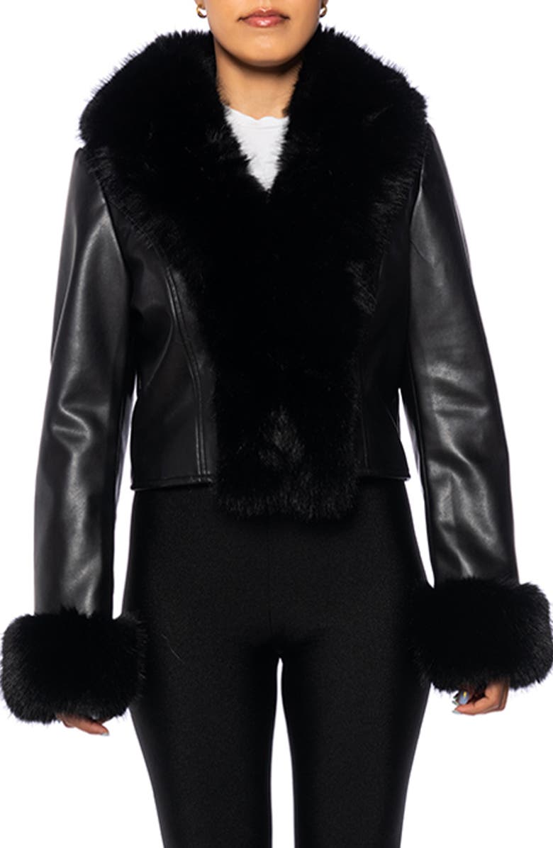 AZALEA WANG Faux Leather Jacket with Faux Fur Trim, Main, color, Black