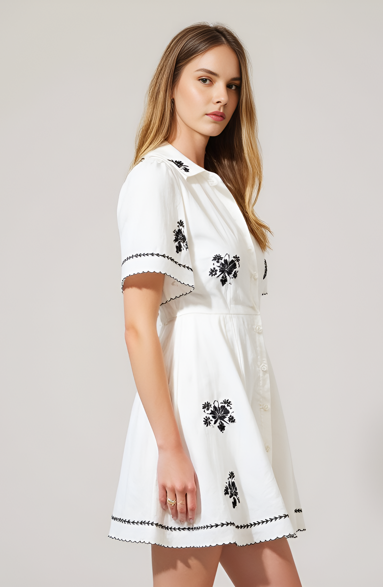 Modenaire Short-Sleeve Button-Front Embroidered Shirt Dress, Alternate, color, White / Black