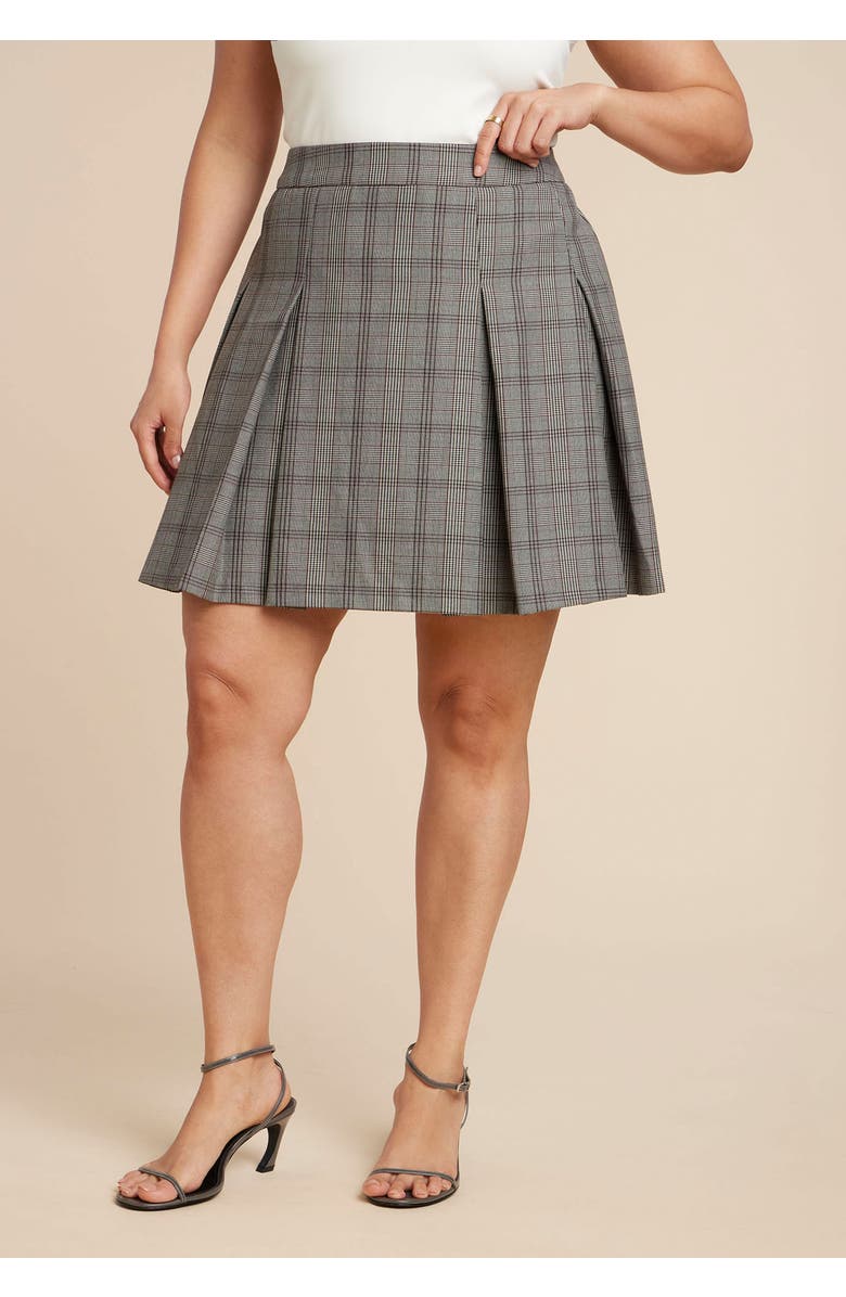 ELOQUII Pleated Mini Skirt, Alternate, color, Grey Plaid